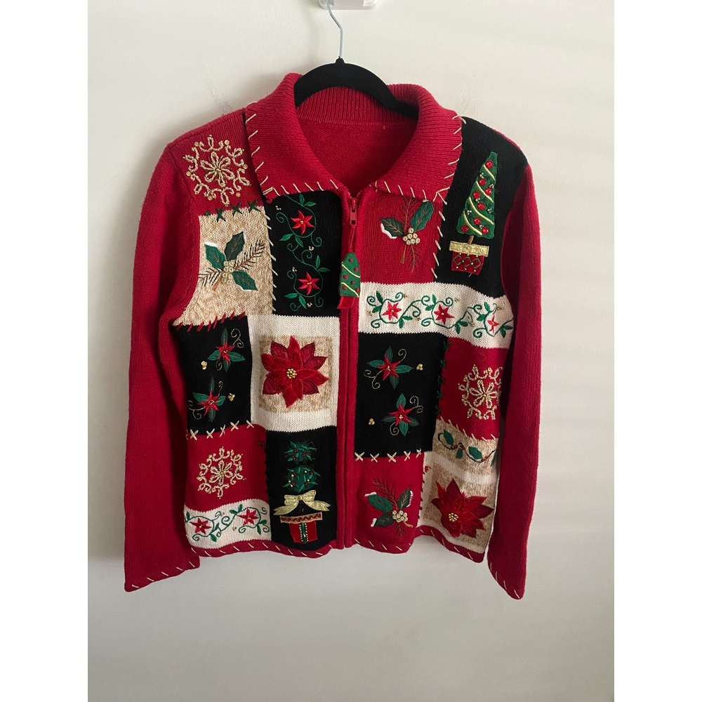 Womens Vintage Style Patchwork Christmas Cardigan Red Zip Up Sweater Embroidered